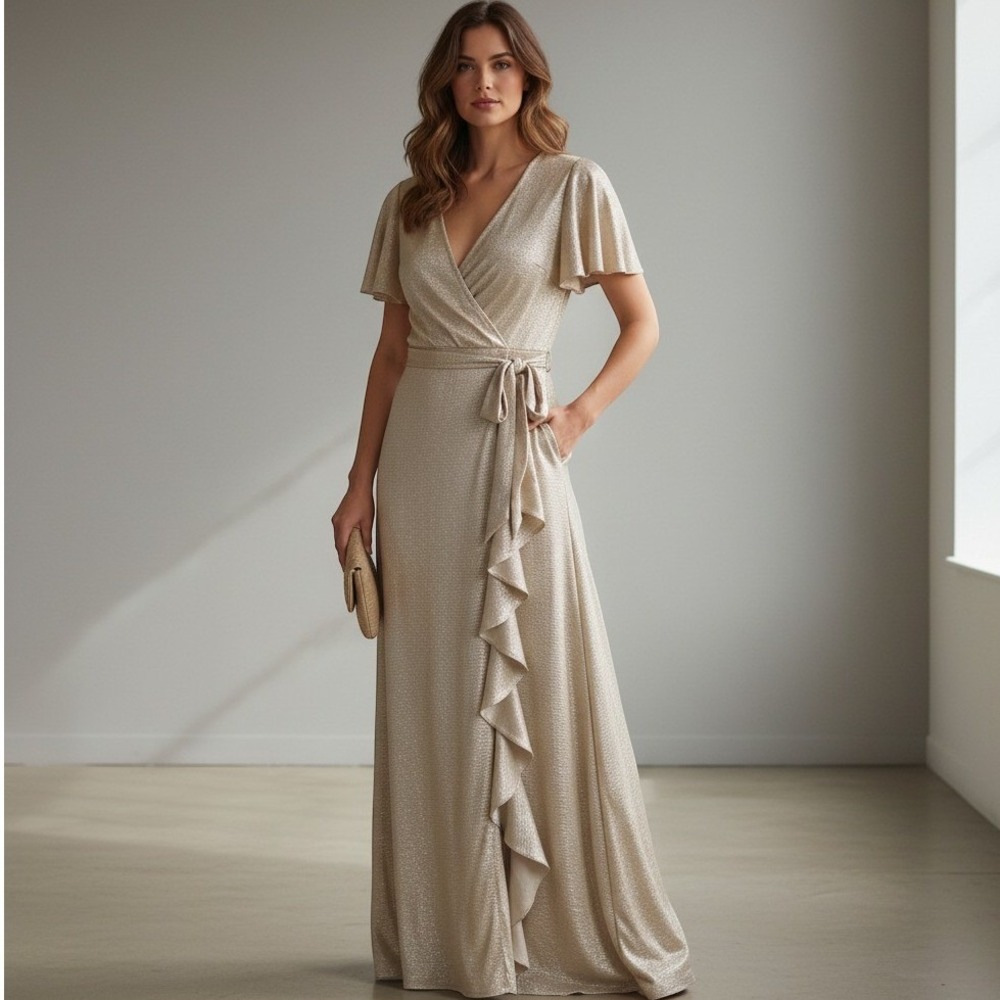 Ralph Lauren Evening Gown Gold Metallic Flutter Sleeve Ruffle Dress Size 14